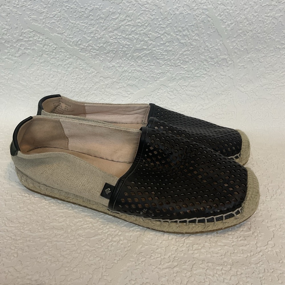 Kate Spade Greer Espadrilles 7B Black Perforated Leather Parchment Slip On Worn2